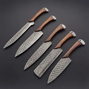 Custom Handmade Damascus Steel 5 Piece Chef Knife Set | 1095 & 15N20 Kitchen Knives | Paring Bread Utility Chef Cleaver | Leather Roll Bag Included