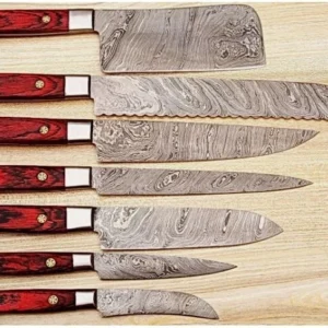 Custom Handmade Damascus Steel 7-Piece Chef Knife Set | Kitchen Knives with Leather Roll Bag | Professional Cooking & Culinary Tools